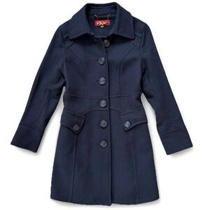 Vintage Womens Long Wool Trench Coat Size Small Navy Coquette Peacoat Designer